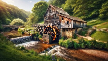 Traditional watermill in a picturesque rural setting - obrazy, fototapety, plakaty