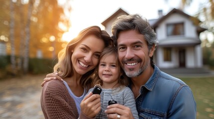 Happy family with child holding a car key in front of house.