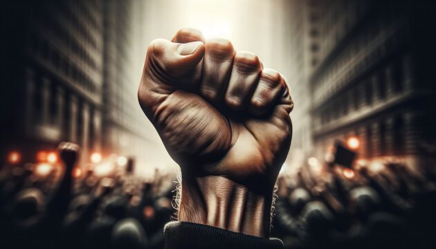 Close-up image features a clenched fist, a powerful symbol of protest and resistance