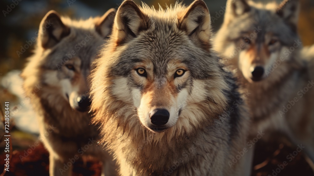 Poster a group of gray wolves standing next to each other. this image can be used to depict unity, teamwork