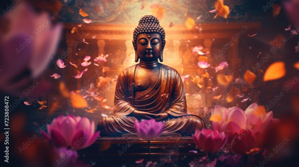 Poster a serene buddha statue surrounded by vibrant flowers and colorful butterflies. perfect for adding a 