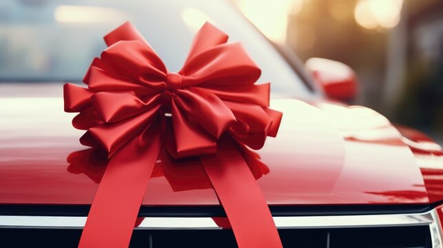 A picture of a red car with a red bow tied to it. Perfect for gifting or celebrating special occasions