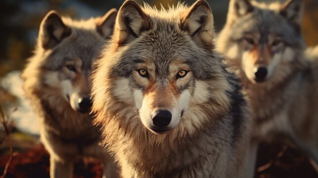 A group of gray wolves standing next to each other. This image can be used to depict unity, teamwork, or the beauty of nature.