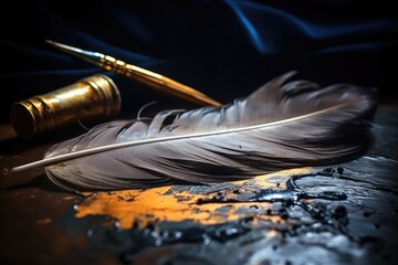 A pen and a feather placed on a table. Can be used for office or writing-related concepts