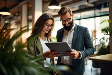 Smiling businesswoman and businessman using tablet device while discussing business-related data in the office.