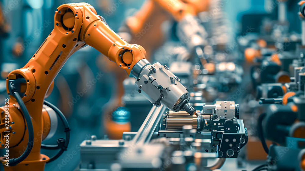 Poster robot arm, a metal robot is repairing equipment in an assembly line. industrial robot arm working. a