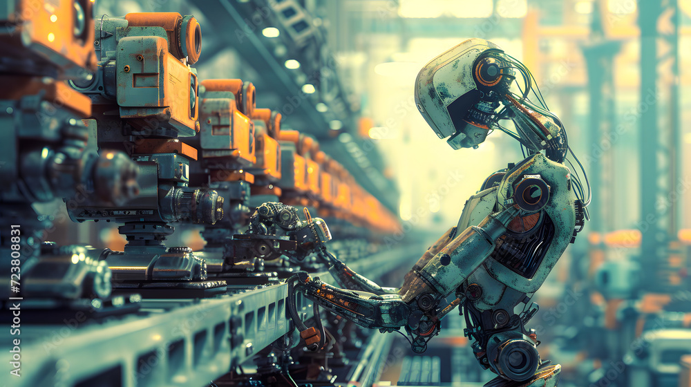 Poster robot arm, a metal robot is repairing equipment in an assembly line. industrial robot arm working. a