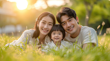 Obraz premium Joyful family with two young children playing in the grass at sunset.
