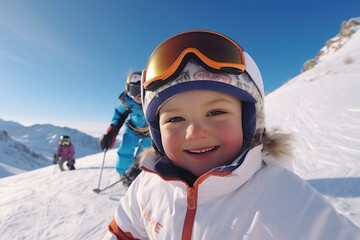 Fototapeta na wymiar A young child wearing a helmet and goggles on a ski slope. Perfect for winter sports and outdoor activities