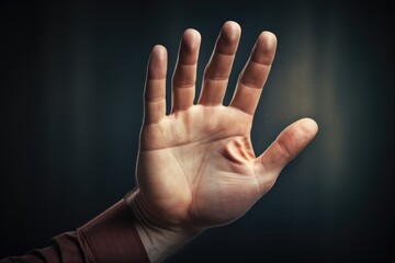 A person holding their hand up in the air. Can be used to symbolize victory, celebration, or asking a question