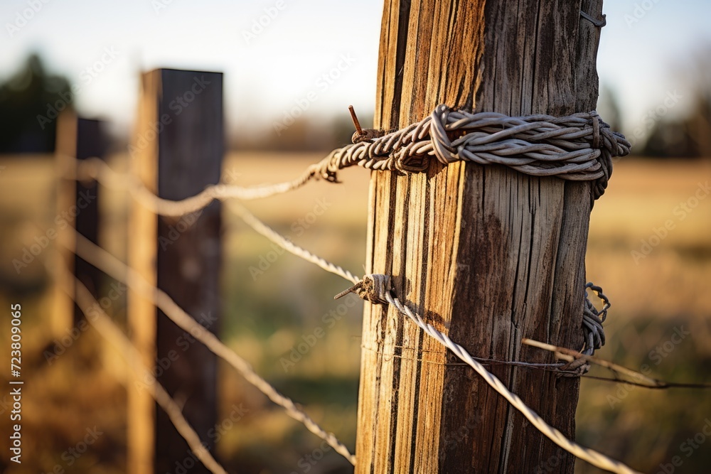 Poster a detailed close-up of a wooden post with barbed wire. this image can be used to represent security,