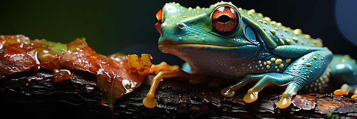 ฺBrightly colored frog with bright red eyes. Perched on a stationary branch, it stands out against dark background. Frogs are brightly colored to warn predators that I am poisonous, so don't eat me. - obrazy, fototapety, plakaty