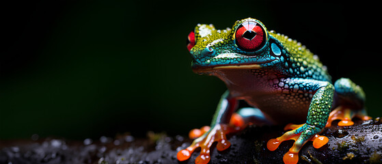Fototapeta premium ฺBrightly colored frog with bright red eyes. Perched on a stationary branch, it stands out against dark background. Frogs are brightly colored to warn predators that I am poisonous, so don't eat me.