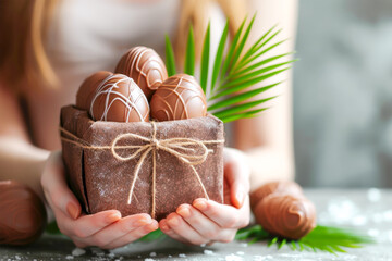 Easter composition with gentle female hands hold gift box of artisanal chocolate Easter eggs, a symbol of tradition and thoughtful gifting on grey neutral background. Close up, copy space - obrazy, fototapety, plakaty