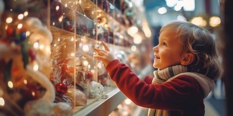 A young girl stands in front of a display of Christmas ornaments, captivated by the festive decorations. Perfect for holiday-themed projects and advertisements