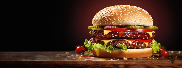 Delicious cheeseburger on wooden table against dark background, closeup