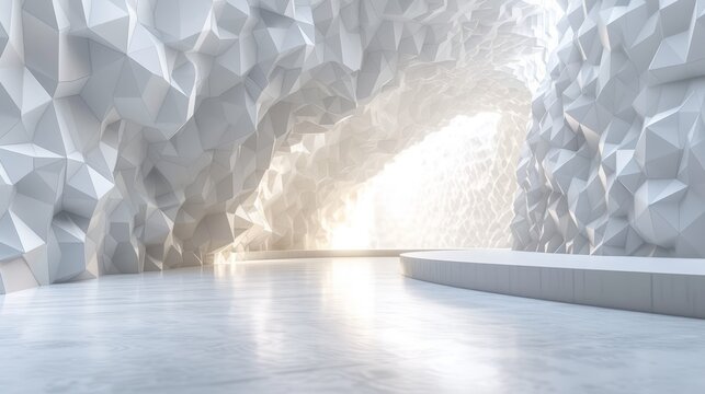 Futuristic white cave interior with a glowing platform