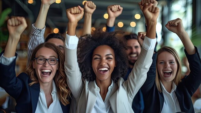 Joyful business team celebrating success with raised fists.