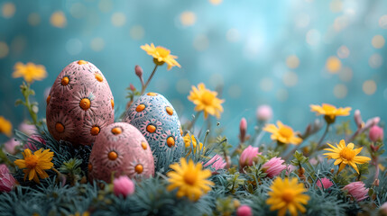 Obraz na płótnie Canvas Group of Eggs Resting on a Field of Flowers