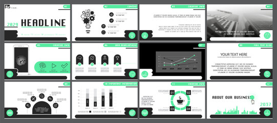 Business presentation template. Set, design elements of infographics, white background. Flyer, postcard, corporate report, marketing, advertising, banners. Slideshows, brochures, annual report. Vector