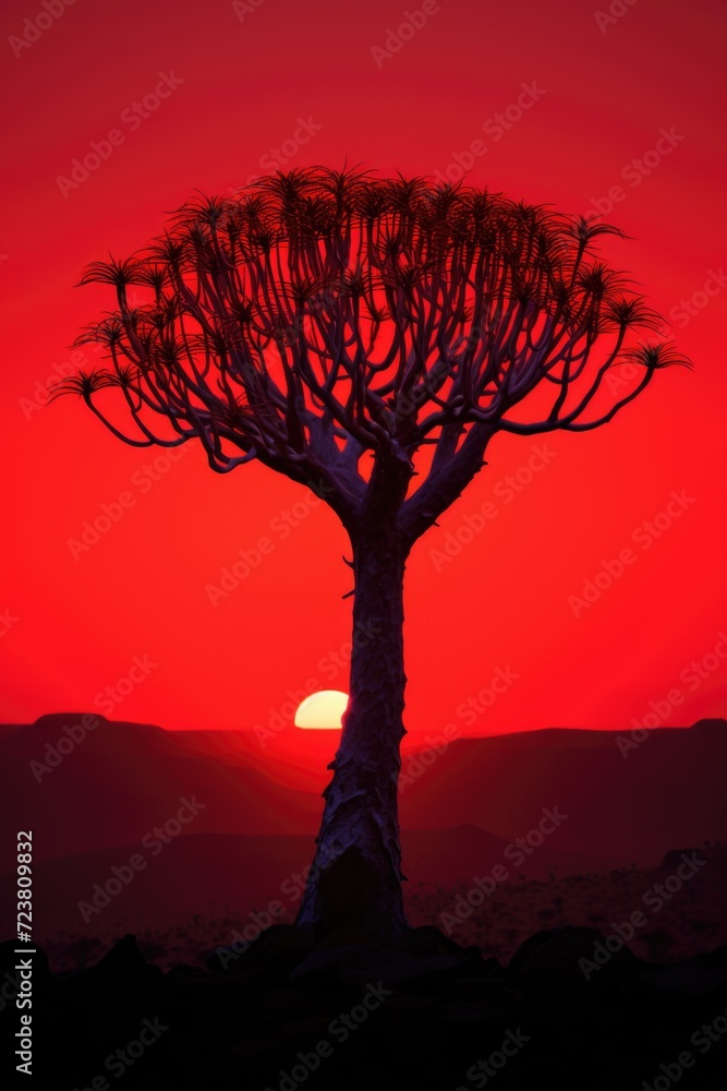 Poster A captivating image of a lone tree standing against the vibrant colors of a setting sun. Perfect for adding a touch of serenity and beauty to any project or design