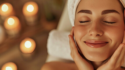 Beautiful woman enjoying massage in spa.  - obrazy, fototapety, plakaty
