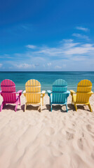 Colorful chairs on the beach with blue sea and sky background .