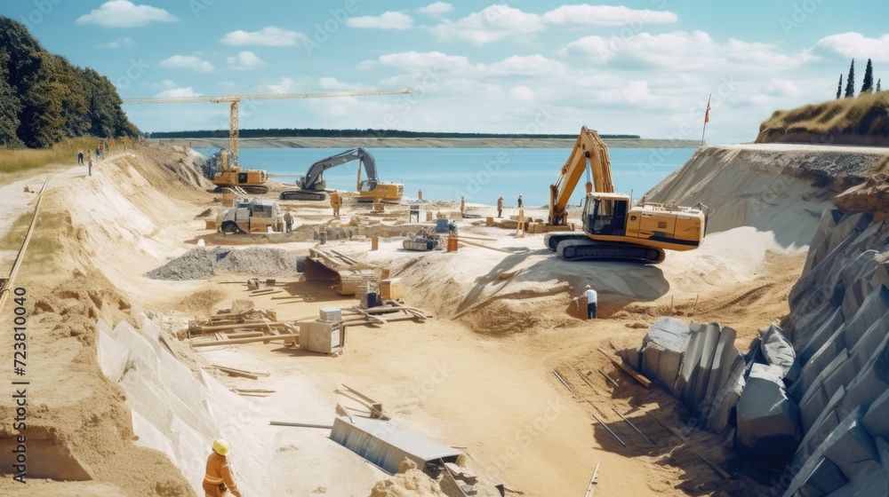 Poster a construction site situated near a body of water, providing an ideal location for various building 