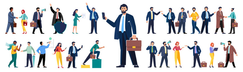 Set of business people in the process of work. Diverse men and women solving business problems, doing work assignments, explaining presentation, clerks doing office tasks. Flat vector illustration