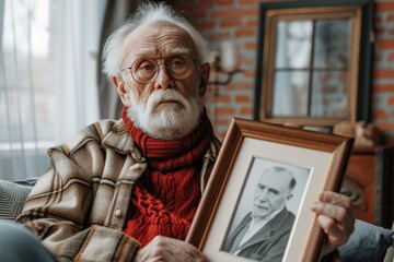 elderly man holding a photo frame in his hands - obrazy, fototapety, plakaty