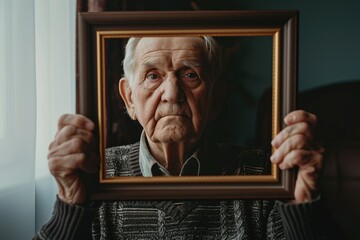 elderly man holding a photo frame in his hands