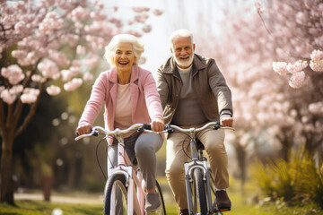 elderly couple riding bikes in spring park