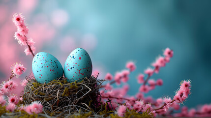 Fototapeta na wymiar Two Blue Eggs Resting on Nest in Tree