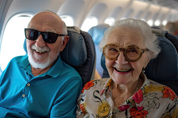 happy elderly couple travel on an airplane