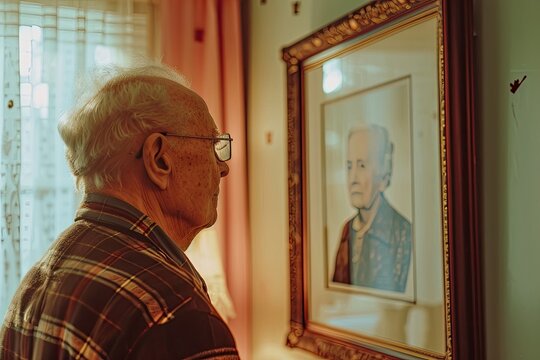 elderly man looks at a portrait of his wife