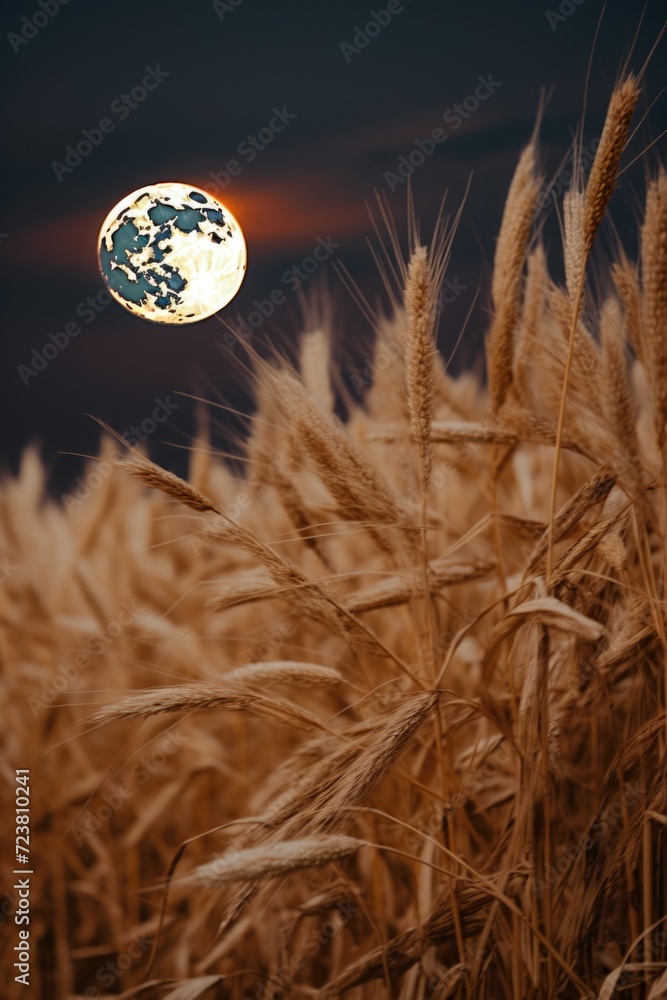 Poster A scenic view of a wheat field with a full moon in the background. Perfect for nature and landscape enthusiasts.