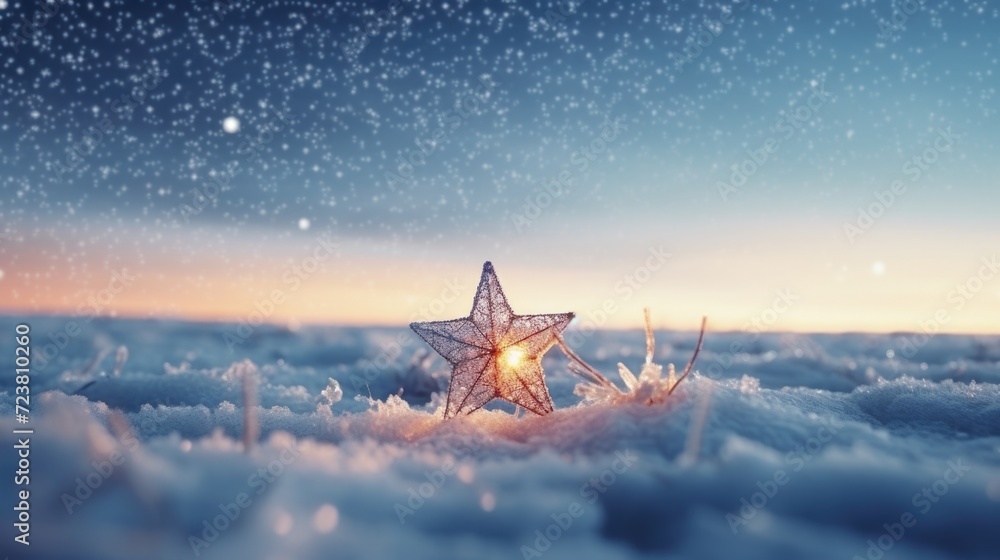 Poster a star shining brightly in the midst of a snowy field. this image can be used to symbolize hope, ins