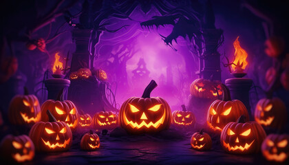 Neon lights colorful halloween background with jack o lantern pumpkin faces