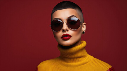 Fashion shot of a beautiful woman in sunglasses on a red background .
