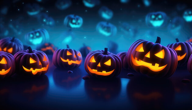 Neon lights colorful halloween background with jack o lantern pumpkin faces