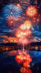 Obraz premium Colorful fireworks of various colors over lake with reflection on water surface