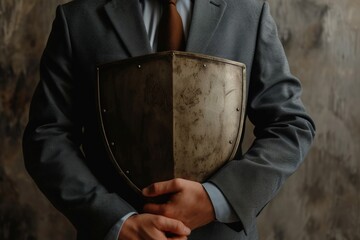 Businessman holding a shield, security and business concept.