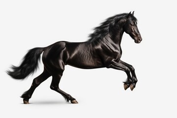 Obraz na płótnie Canvas A powerful black horse galloping gracefully on a clean white background. Perfect for equestrian enthusiasts or for adding a touch of elegance to any design
