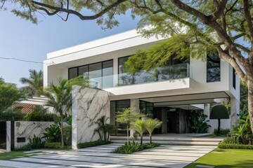 House facade in contemporary and modern style with white marble finish, architecture concept.