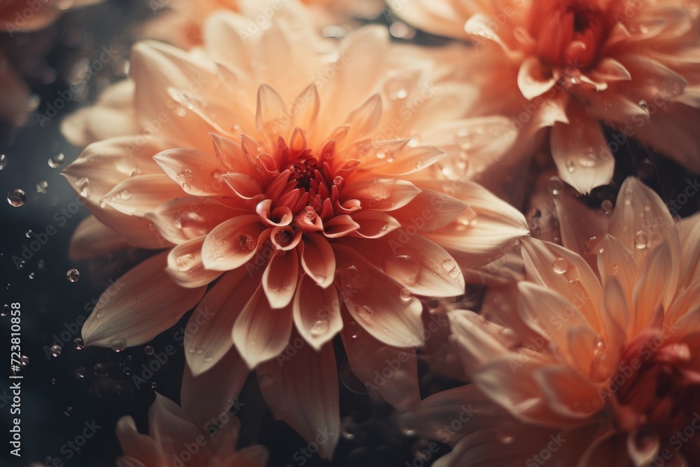 Poster A close-up view of a bunch of flowers with water droplets. Perfect for adding a fresh and vibrant touch to any project