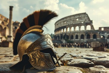 Gladiator helmet on the ground, coliseum in the background.