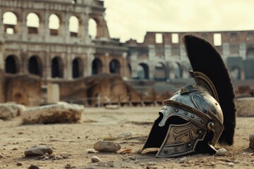 Gladiator helmet on the ground, coliseum in the background.