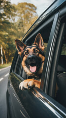 German shepherd dog looking out of car window on the road in autumn