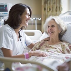 Fototapeta premium A smiling nurse talking to a smiling elderly female patient in a hospital bed