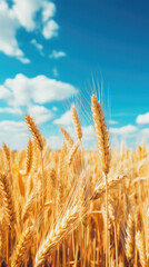 Fototapeta premium Wheat field. Ears of golden wheat close-up. Rich harvest concept .